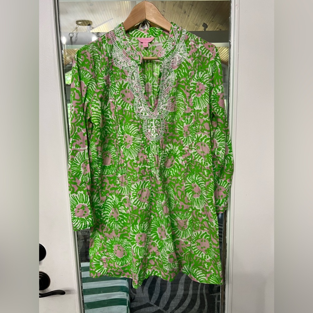 💚🌴💖Lilly Pulitzer💖🌴💚Sarasota Pink & Green Lion Print Beaded Tunic Size Medium